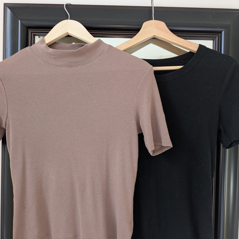 Set of 2 - Cotton Modal Soft Ribbed Tops, Black and Latte Taupe - Size Small